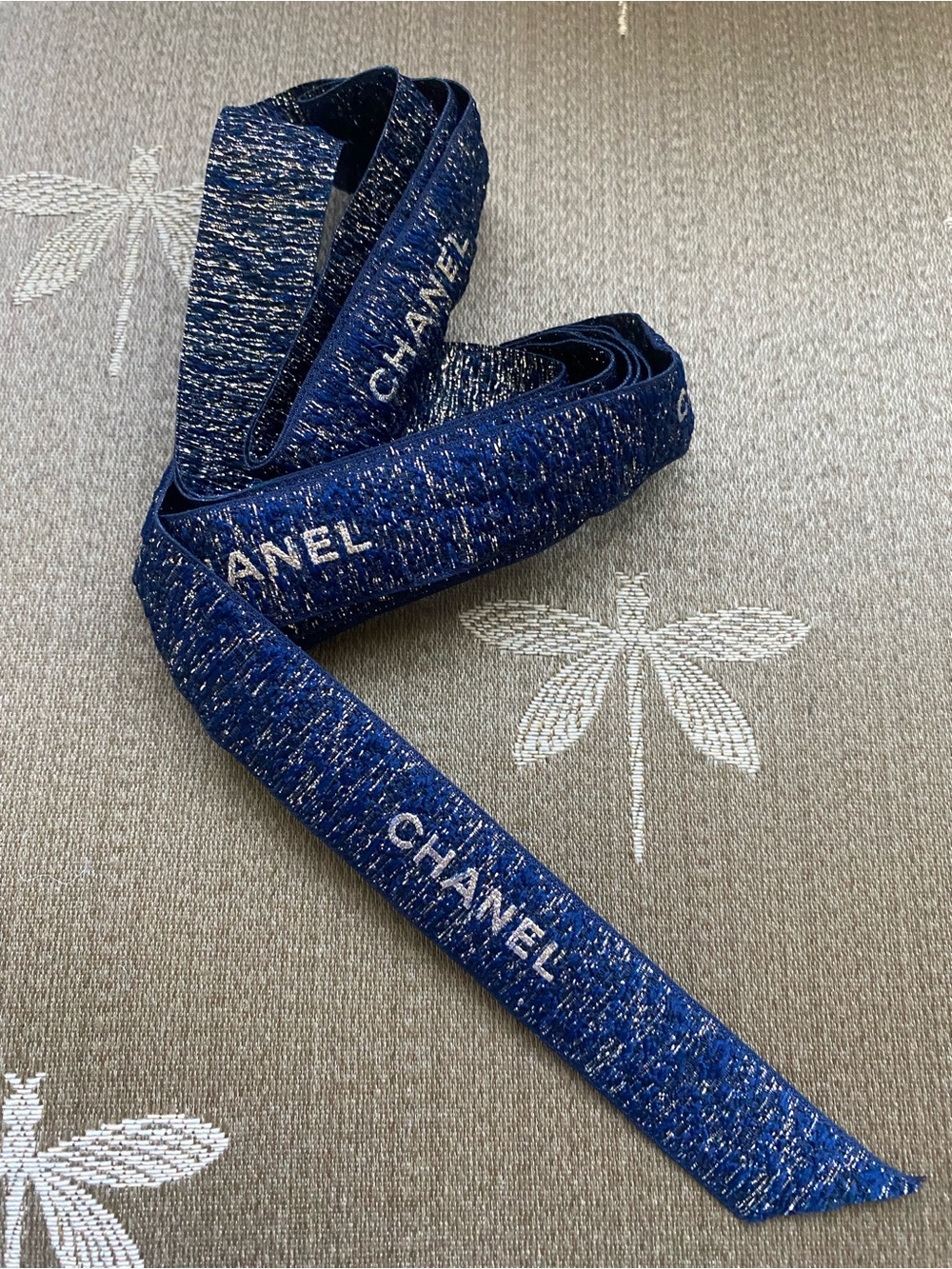 CHANEL Holiday Ribbon. Gold and Navy Blue